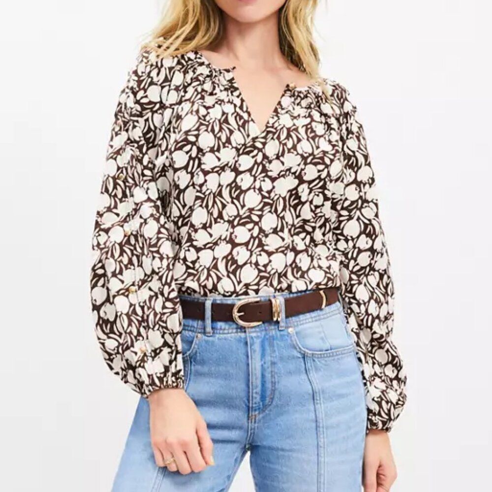 LOFT Cream and Brown Floral V-Neck Peasant Blouse